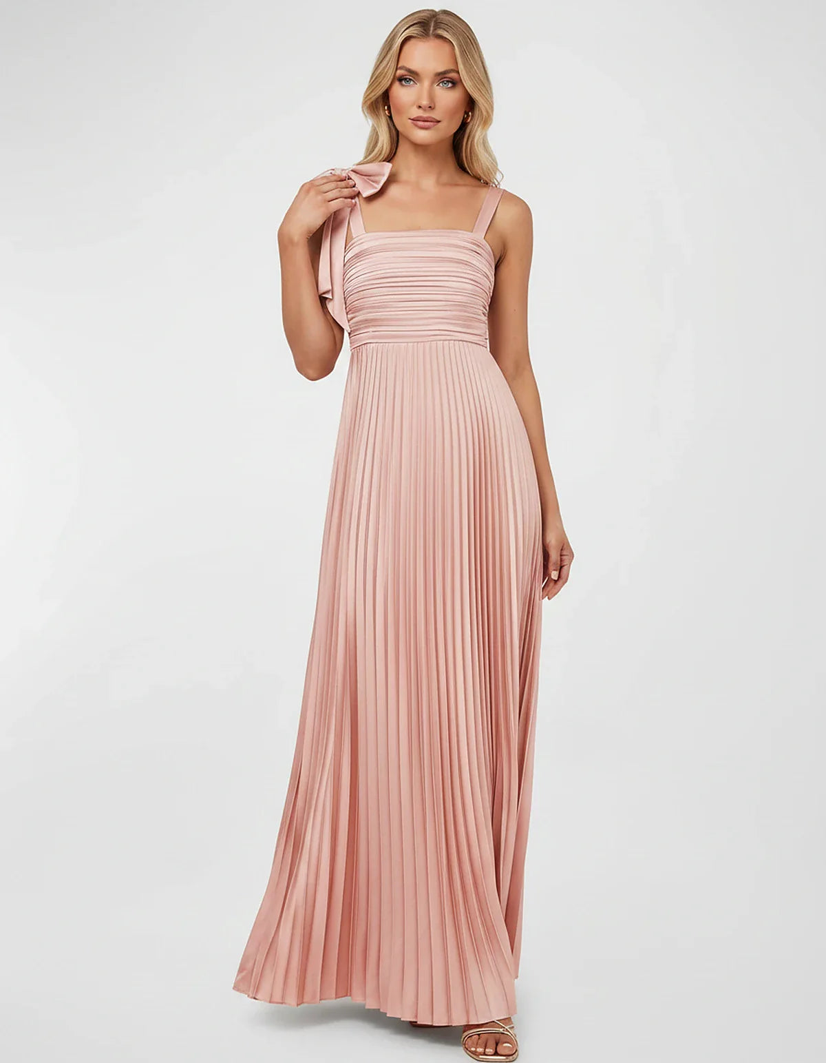 Satin-Feel Sleeveless Square Neck Empire Waist Pleated Maxi Dress for Party, Cocktail, Evening, Wedding Guest & Summer Events | SKU: VMD-583741920684157-BLUSH-L,VMD-583741920684157-BLUSH-M,VMD-583741920684157-BLUSH-S,VMD-583741920684157-BLUSH-XL,VMD-583741920684157-BLUSH-XS