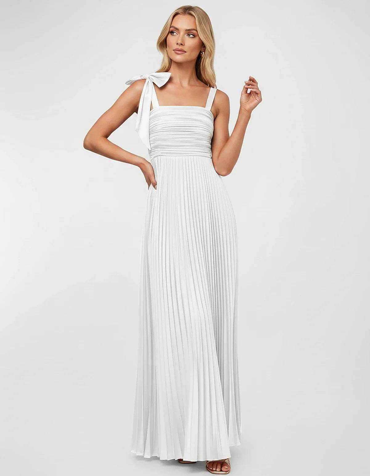 Satin-Feel Sleeveless Square Neck Empire Waist Pleated Maxi Dress for Party, Cocktail, Evening, Wedding Guest & Summer Events | SKU: VMD-583741920684157-WHITE-L,VMD-583741920684157-WHITE-M,VMD-583741920684157-WHITE-S,VMD-583741920684157-WHITE-XL,VMD-583741920684157-WHITE-XS