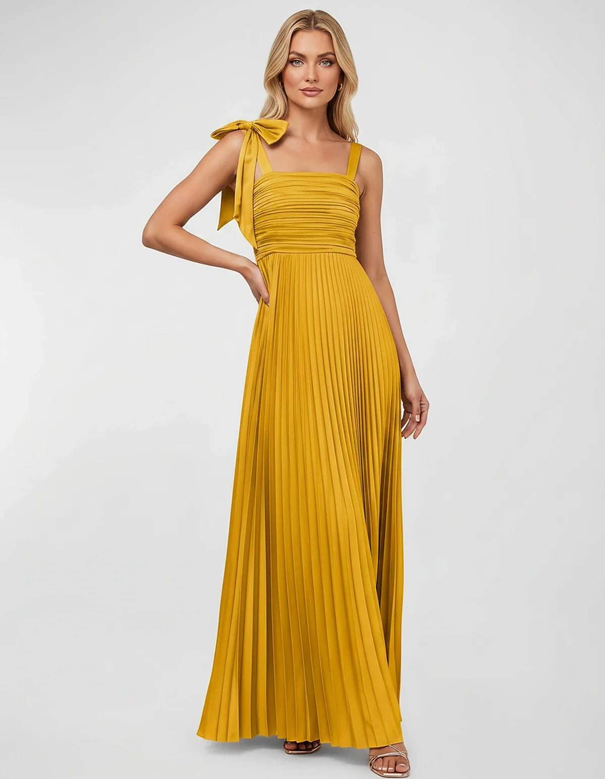 Satin-Feel Sleeveless Square Neck Empire Waist Pleated Maxi Dress for Party, Cocktail, Evening, Wedding Guest & Summer Events | SKU: VMD-583741920684157-SAND-L,VMD-583741920684157-SAND-M,VMD-583741920684157-SAND-S,VMD-583741920684157-SAND-XL,VMD-583741920684157-SAND-XS