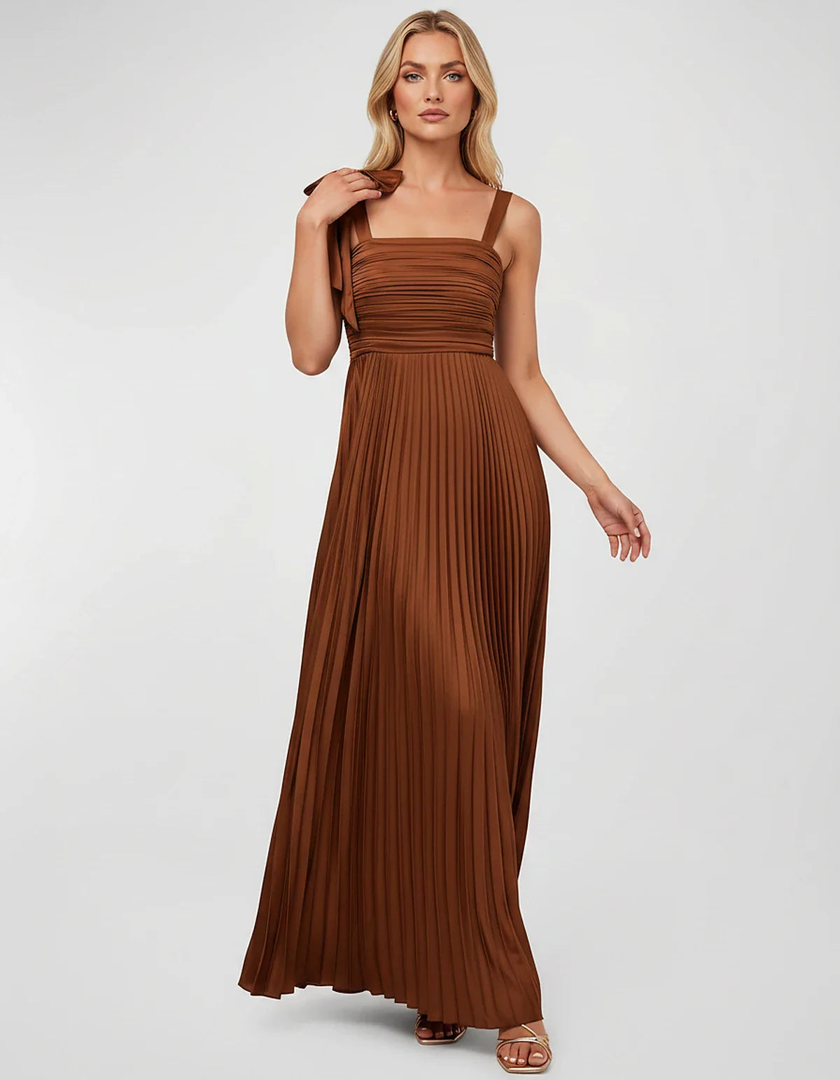 Satin-Feel Sleeveless Square Neck Empire Waist Pleated Maxi Dress for Party, Cocktail, Evening, Wedding Guest & Summer Events | SKU: VMD-583741920684157-SAND-L,VMD-583741920684157-SAND-M,VMD-583741920684157-SAND-S,VMD-583741920684157-SAND-XL,VMD-583741920684157-SAND-XS