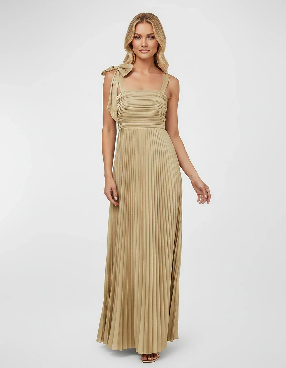 Satin-Feel Sleeveless Square Neck Empire Waist Pleated Maxi Dress for Party, Cocktail, Evening, Wedding Guest & Summer Events | SKU: VMD-583741920684157-SAND-L,VMD-583741920684157-SAND-M,VMD-583741920684157-SAND-S,VMD-583741920684157-SAND-XL,VMD-583741920684157-SAND-XS
