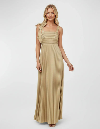 Satin-Feel Sleeveless Square Neck Empire Waist Pleated Maxi Dress for Party, Cocktail, Evening, Wedding Guest & Summer Events | SKU: VMD-583741920684157-SAND-L,VMD-583741920684157-SAND-M,VMD-583741920684157-SAND-S,VMD-583741920684157-SAND-XL,VMD-583741920684157-SAND-XS