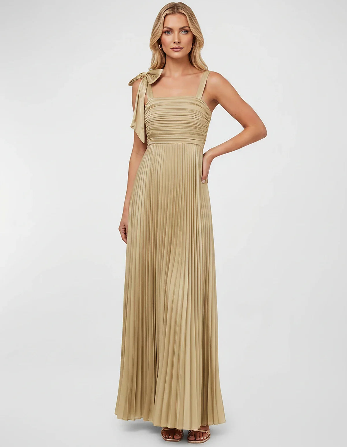 Satin-Feel Sleeveless Square Neck Empire Waist Pleated Maxi Dress for Party, Cocktail, Evening, Wedding Guest & Summer Events | SKU: VMD-583741920684157-SAND-L,VMD-583741920684157-SAND-M,VMD-583741920684157-SAND-S,VMD-583741920684157-SAND-XL,VMD-583741920684157-SAND-XS