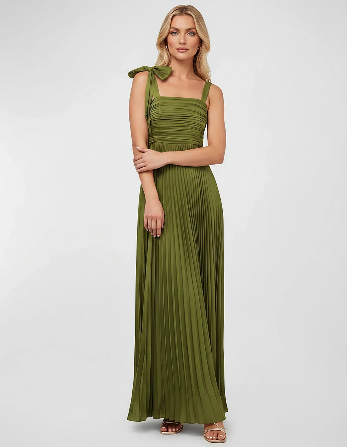 Satin-Feel Sleeveless Square Neck Empire Waist Pleated Maxi Dress for Party, Cocktail, Evening, Wedding Guest & Summer Events | SKU: VMD-583741920684157-ARMYGREEN-L,VMD-583741920684157-ARMYGREEN-M,VMD-583741920684157-ARMYGREEN-S,VMD-583741920684157-ARMYGREEN-XL,VMD-583741920684157-ARMYGREEN-XS