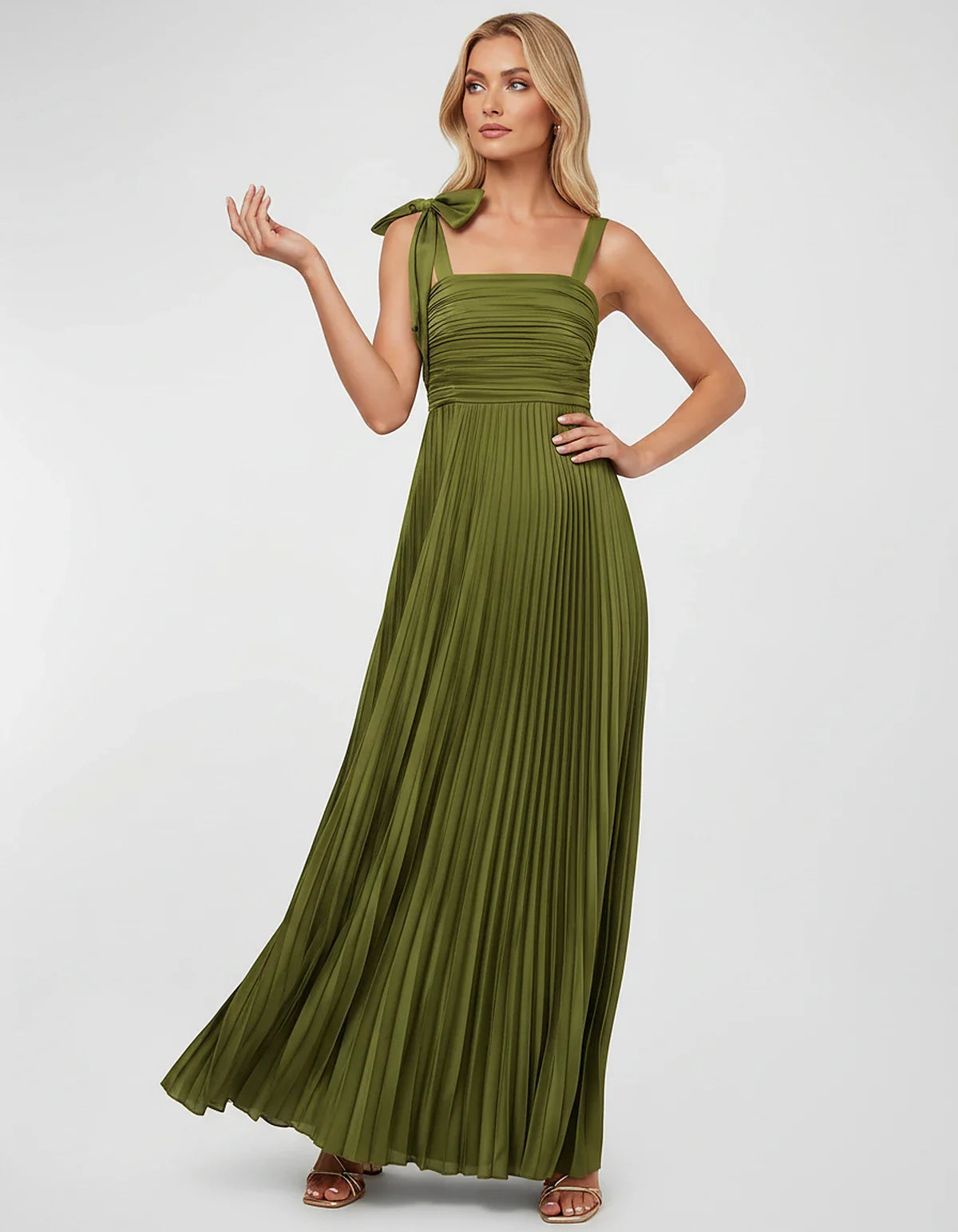 Satin-Feel Sleeveless Square Neck Empire Waist Pleated Maxi Dress for Party, Cocktail, Evening, Wedding Guest & Summer Events | SKU: VMD-583741920684157-ARMYGREEN-L,VMD-583741920684157-ARMYGREEN-M,VMD-583741920684157-ARMYGREEN-S,VMD-583741920684157-ARMYGREEN-XL,VMD-583741920684157-ARMYGREEN-XS