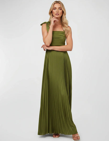 Satin-Feel Sleeveless Square Neck Empire Waist Pleated Maxi Dress for Party, Cocktail, Evening, Wedding Guest & Summer Events | SKU: VMD-583741920684157-ARMYGREEN-L,VMD-583741920684157-ARMYGREEN-M,VMD-583741920684157-ARMYGREEN-S,VMD-583741920684157-ARMYGREEN-XL,VMD-583741920684157-ARMYGREEN-XS