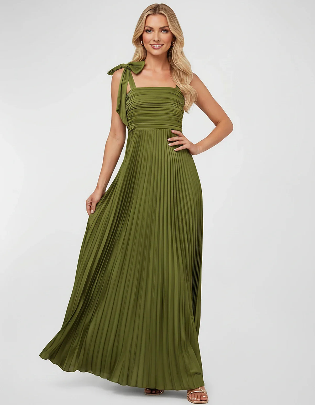 Satin-Feel Sleeveless Square Neck Empire Waist Pleated Maxi Dress for Party, Cocktail, Evening, Wedding Guest & Summer Events | SKU: VMD-583741920684157-ARMYGREEN-L,VMD-583741920684157-ARMYGREEN-M,VMD-583741920684157-ARMYGREEN-S,VMD-583741920684157-ARMYGREEN-XL,VMD-583741920684157-ARMYGREEN-XS