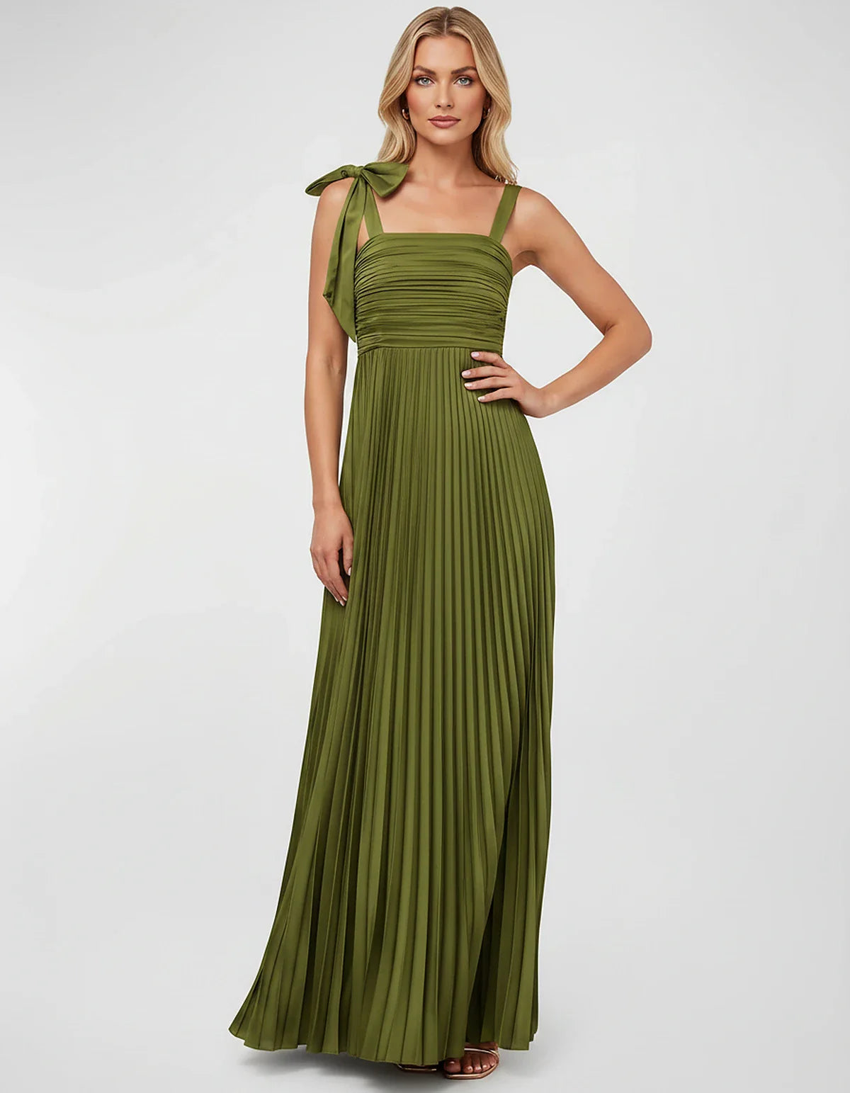 Satin-Feel Sleeveless Square Neck Empire Waist Pleated Maxi Dress for Party, Cocktail, Evening, Wedding Guest & Summer Events | SKU: VMD-583741920684157-ARMYGREEN-L,VMD-583741920684157-ARMYGREEN-M,VMD-583741920684157-ARMYGREEN-S,VMD-583741920684157-ARMYGREEN-XL,VMD-583741920684157-ARMYGREEN-XS
