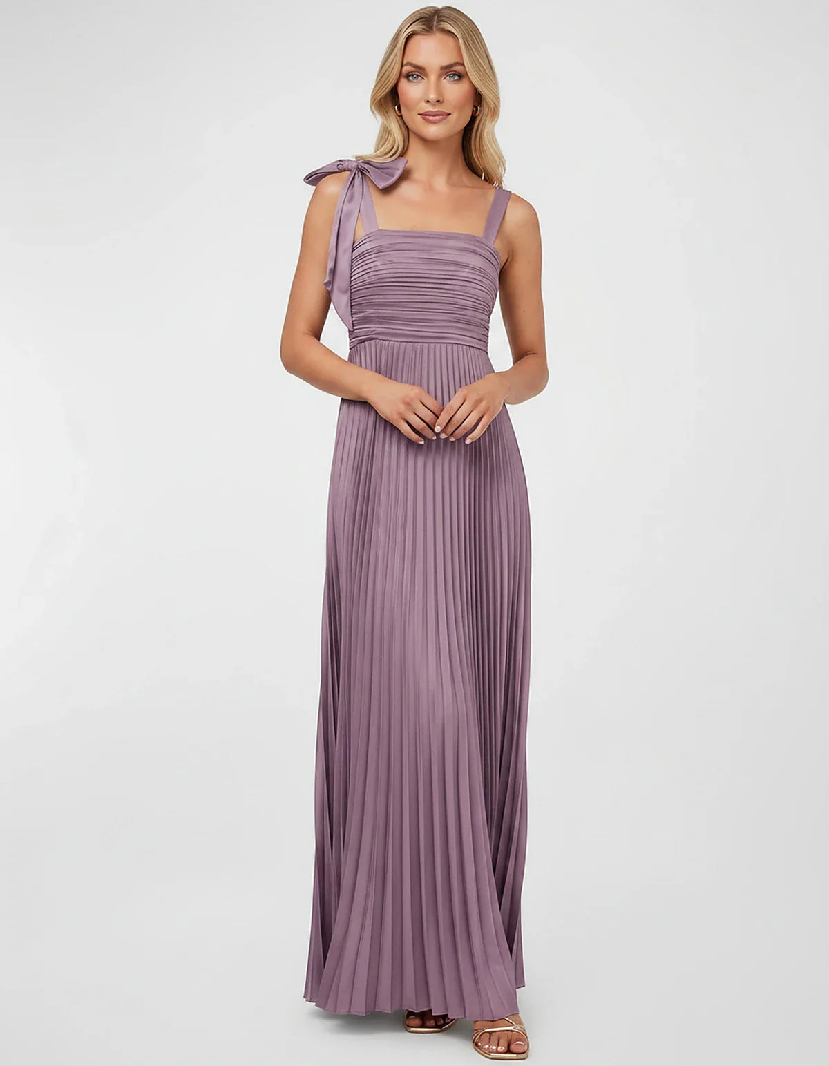 Satin-Feel Sleeveless Square Neck Empire Waist Pleated Maxi Dress for Party, Cocktail, Evening, Wedding Guest & Summer Events | SKU: VMD-583741920684157-LILAC-L,VMD-583741920684157-LILAC-M,VMD-583741920684157-LILAC-S,VMD-583741920684157-LILAC-XL,VMD-583741920684157-LILAC-XS