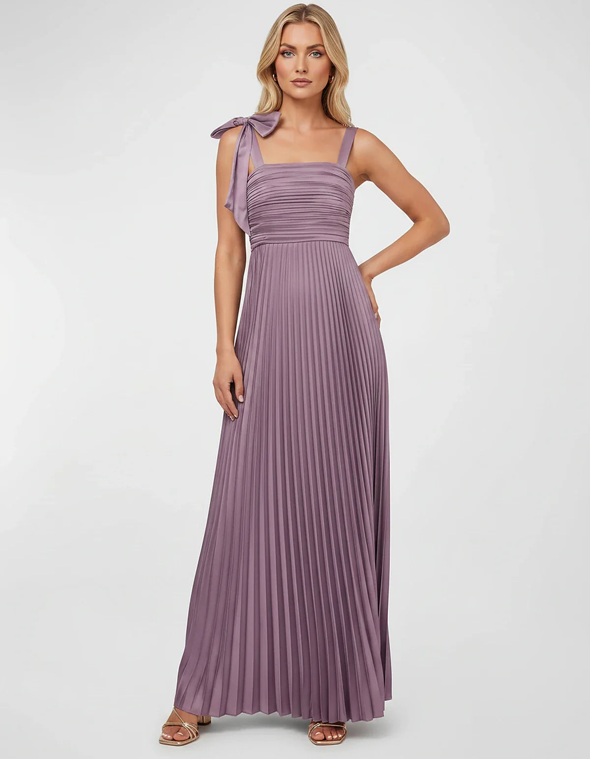 Satin-Feel Sleeveless Square Neck Empire Waist Pleated Maxi Dress for Party, Cocktail, Evening, Wedding Guest & Summer Events | SKU: VMD-583741920684157-LILAC-L,VMD-583741920684157-LILAC-M,VMD-583741920684157-LILAC-S,VMD-583741920684157-LILAC-XL,VMD-583741920684157-LILAC-XS