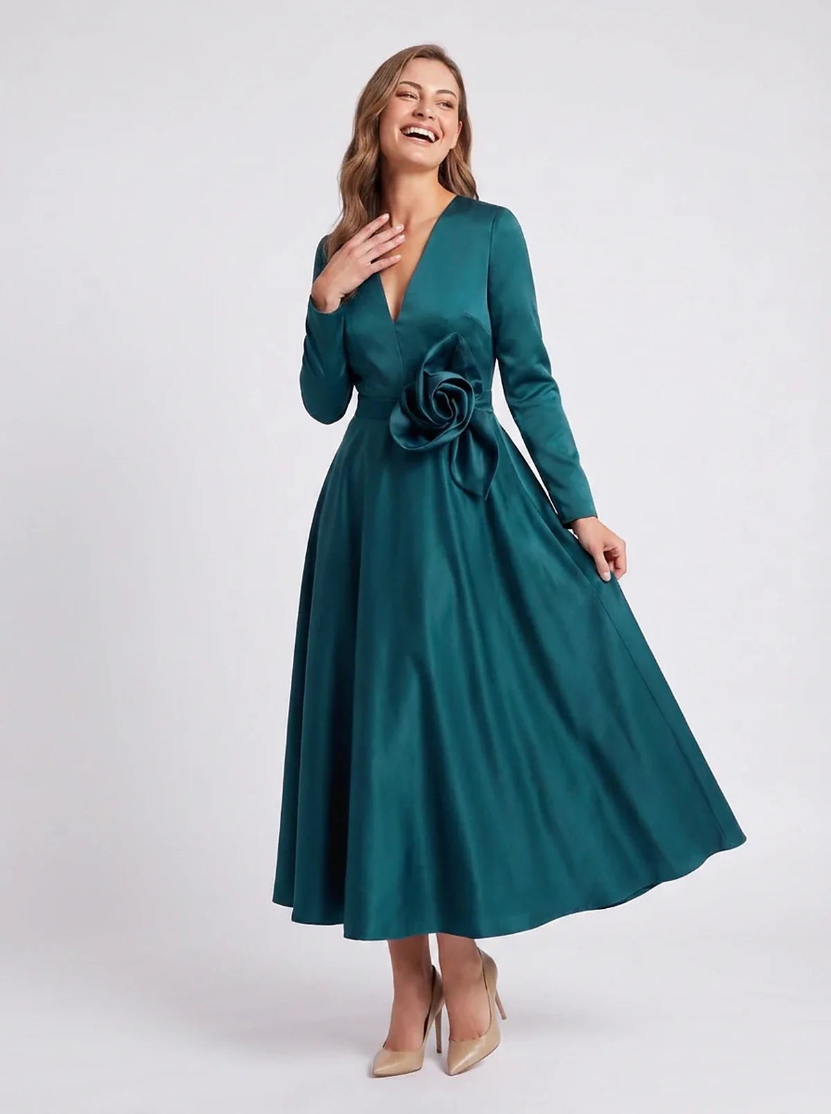 Satin Long Sleeve V-Neck A-Line Midi Dress with Floral Waist Detail for Party, Cocktail, Evening, Wedding Guest & Summer Even | SKU: RMD-483920174615802-PEACOCK-L,RMD-483920174615802-PEACOCK-M,RMD-483920174615802-PEACOCK-S,RMD-483920174615802-PEACOCK-XL,RMD-483920174615802-PEACOCK-XS