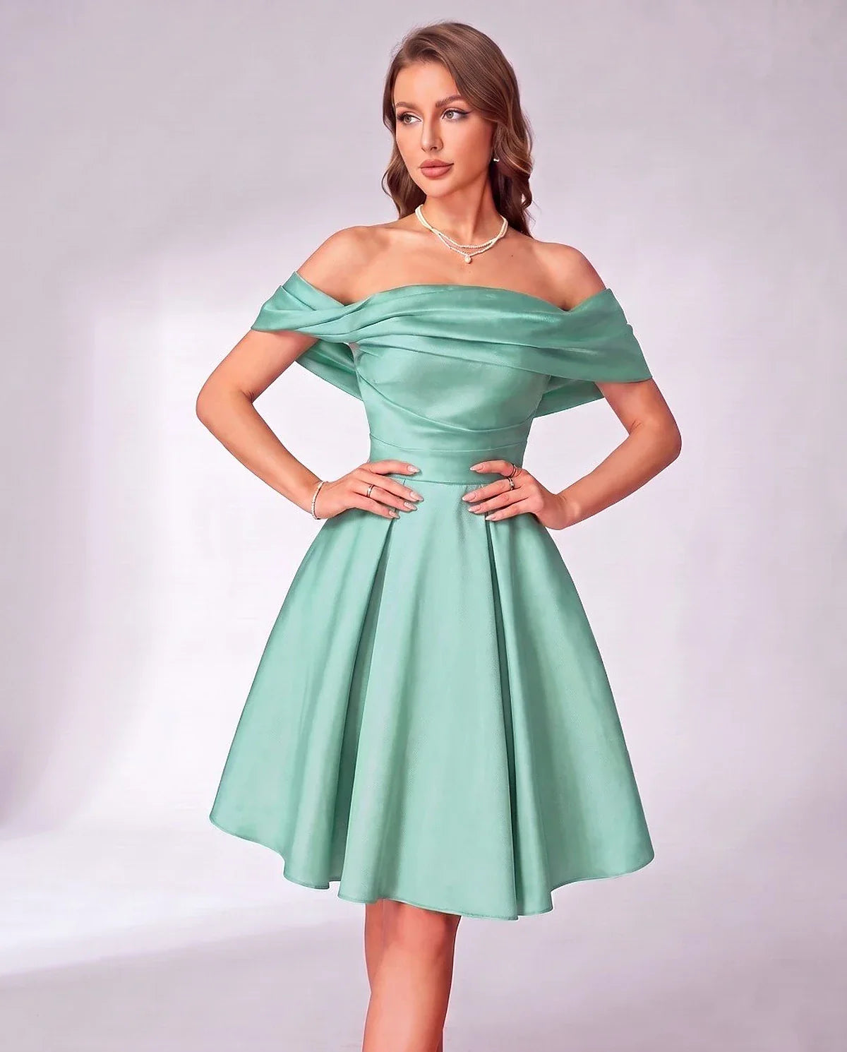 Satin Off-Shoulder Ruched A-Line Mini Dress for Party Cocktail Evening Summer Wedding Guest Homecoming Graduation Elegant Sho | SKU: MD-731845902614587-MINT-L,MD-731845902614587-MINT-M,MD-731845902614587-MINT-S,MD-731845902614587-MINT-XL,MD-731845902614587-MINT-XS