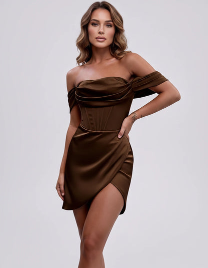 Satin Off-Shoulder Short Sleeve Bodycon Mini Dress with Corset Bodice, Backless Wrap Design for Homecoming, Prom, Cocktail, E