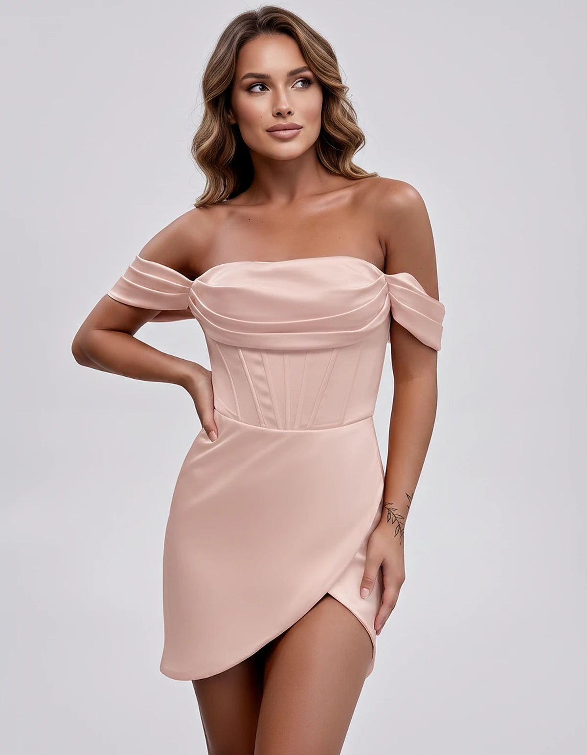 Satin Off-Shoulder Short Sleeve Bodycon Mini Dress with Corset Bodice, Backless Wrap Design for Homecoming, Prom, Cocktail, E