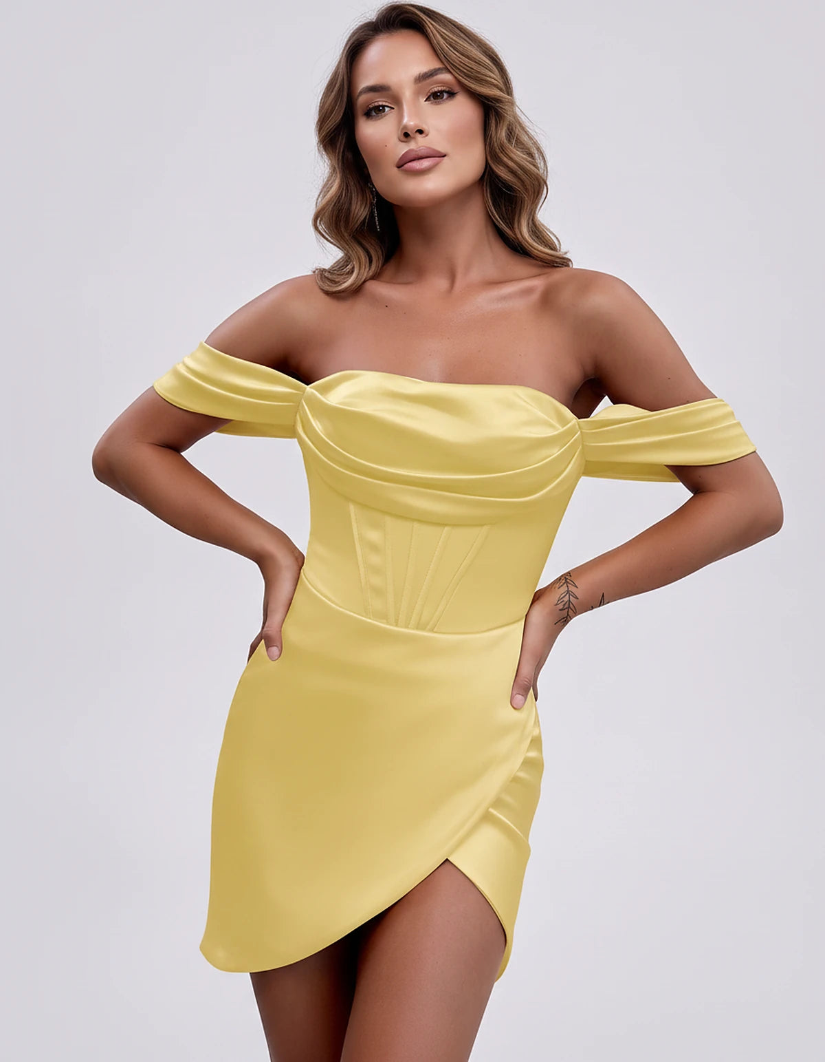 Satin Off-Shoulder Short Sleeve Bodycon Mini Dress with Corset Bodice, Backless Wrap Design for Homecoming, Prom, Cocktail, E