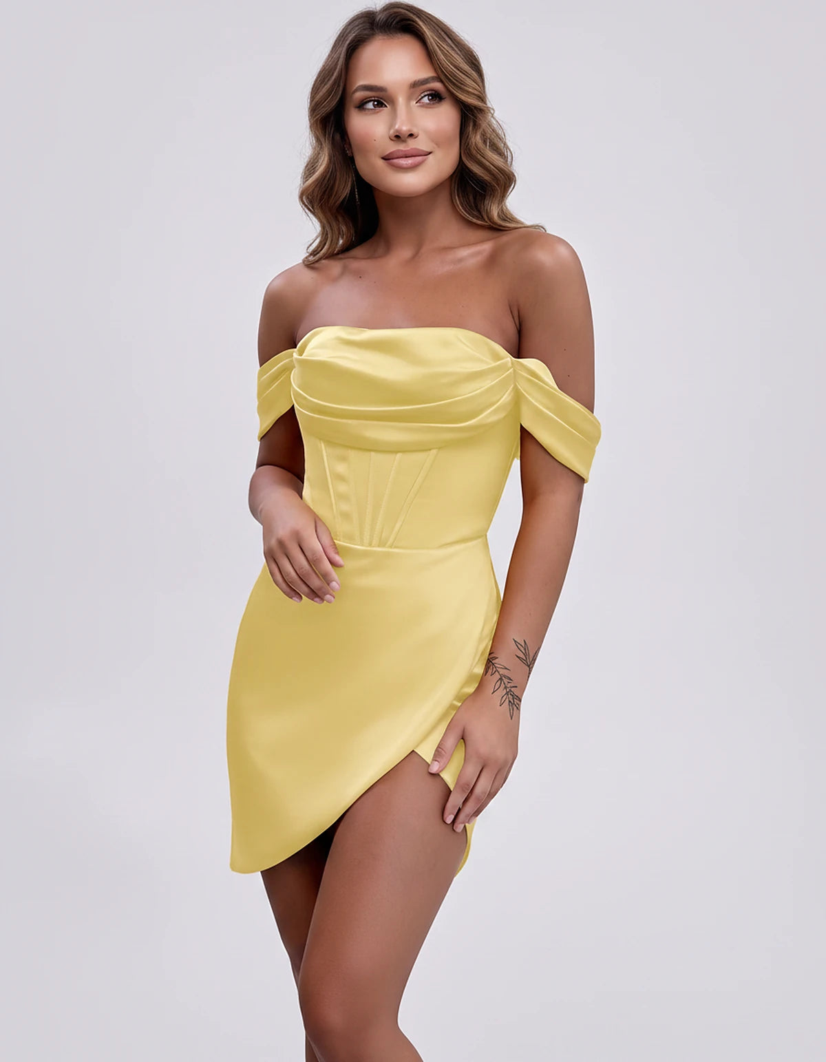 Satin Off-Shoulder Short Sleeve Bodycon Mini Dress with Corset Bodice, Backless Wrap Design for Homecoming, Prom, Cocktail, E