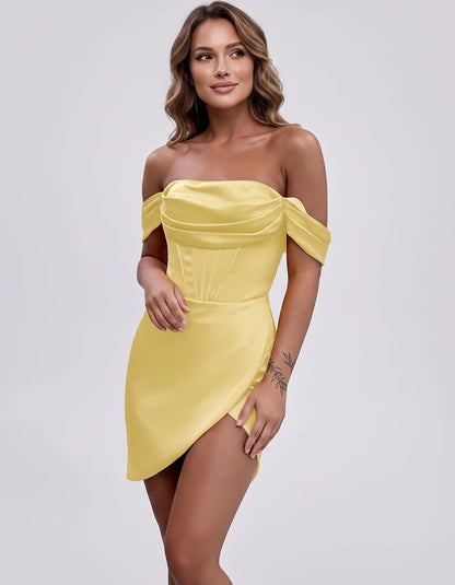 Satin Off-Shoulder Short Sleeve Bodycon Mini Dress with Corset Bodice, Backless Wrap Design for Homecoming, Prom, Cocktail, E