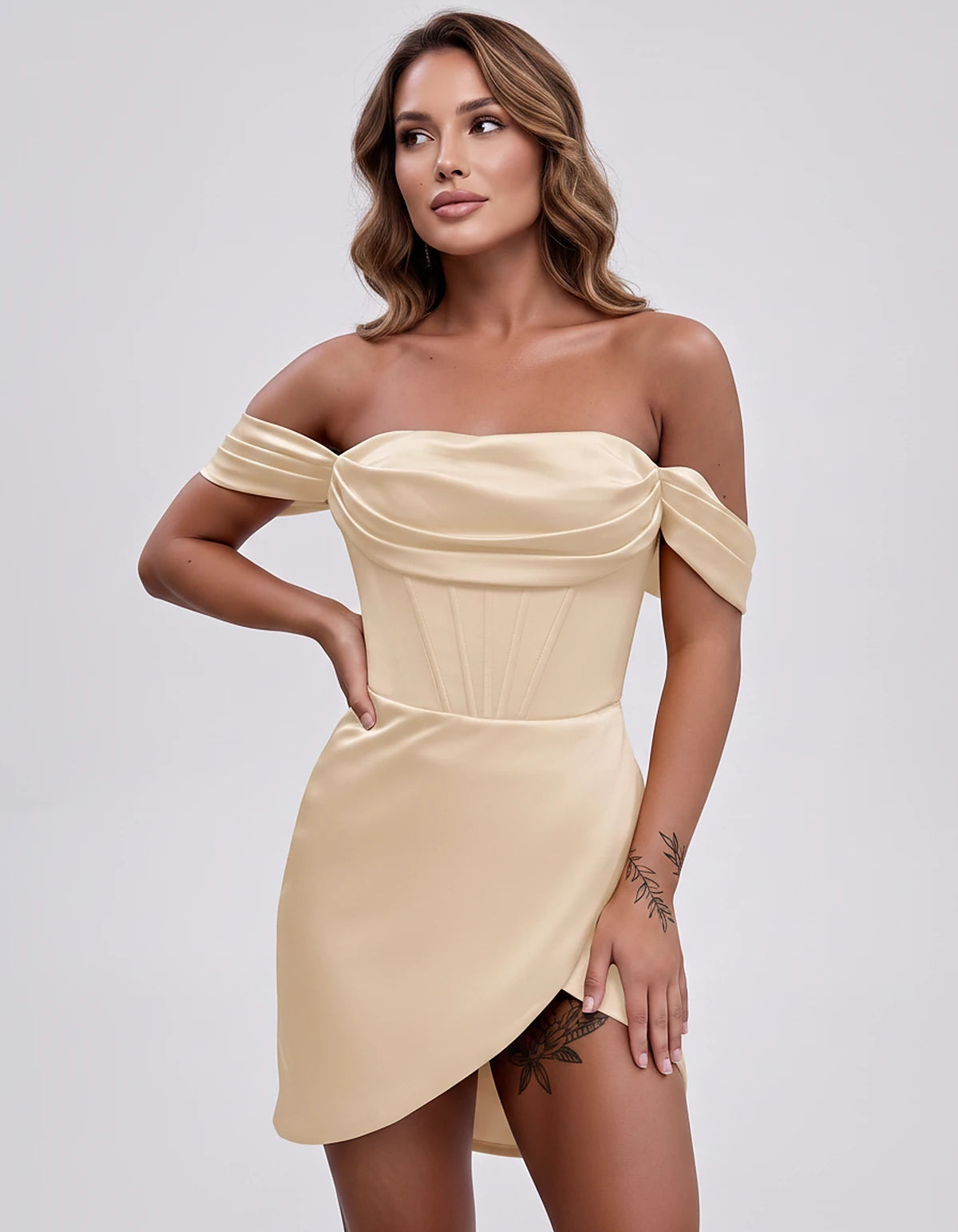 Satin Off-Shoulder Short Sleeve Bodycon Mini Dress with Corset Bodice, Backless Wrap Design for Homecoming, Prom, Cocktail, E