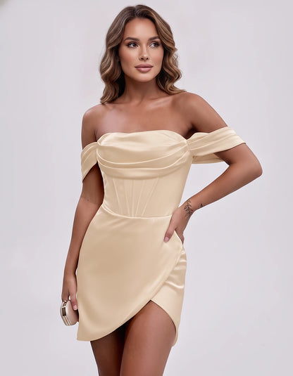 Satin Off-Shoulder Short Sleeve Bodycon Mini Dress with Corset Bodice, Backless Wrap Design for Homecoming, Prom, Cocktail, E
