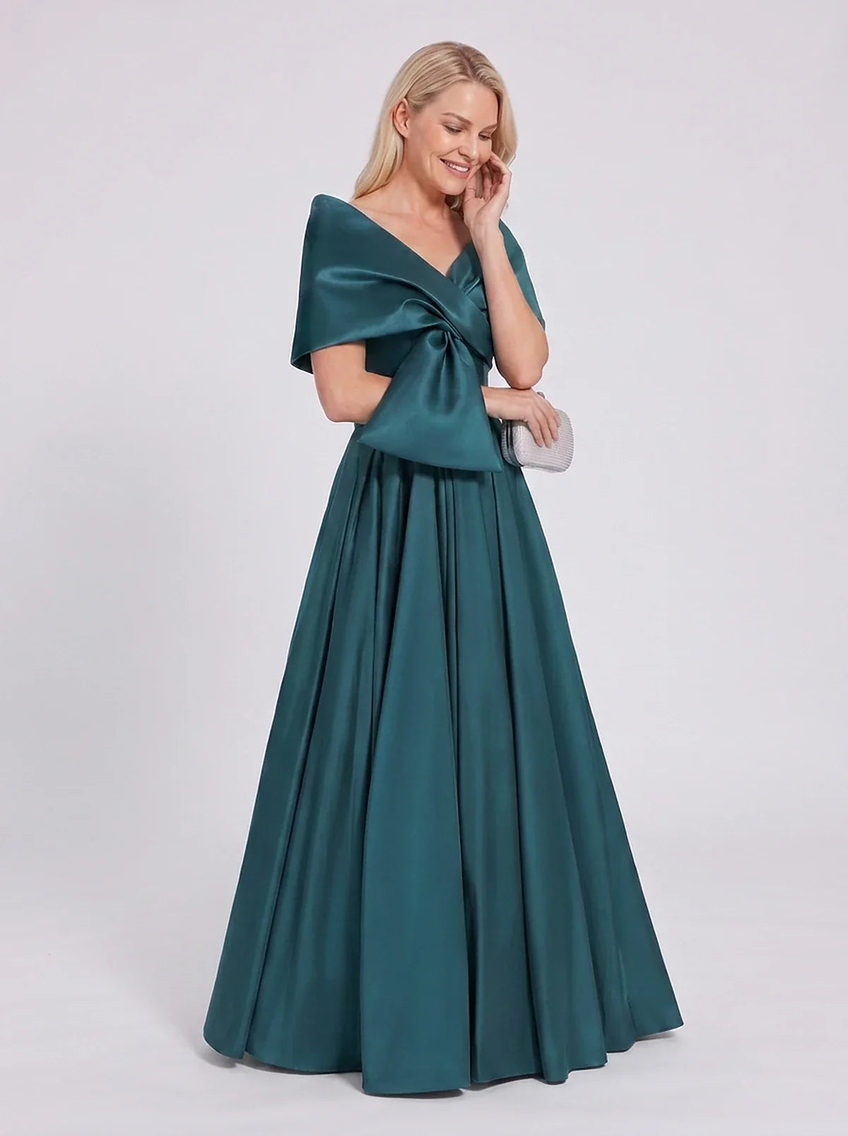 Satin Short Sleeve Off-Shoulder A-Line Maxi Dress for Party, Cocktail, Evening, Wedding Guest, Summer Formal Events, front vi | SKU: VMD-582914763018451-PEACOCK-L,VMD-582914763018451-PEACOCK-M,VMD-582914763018451-PEACOCK-S,VMD-582914763018451-PEACOCK-XL,VMD-582914763018451-PEACOCK-XS
