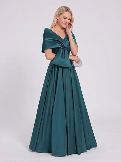 Satin Short Sleeve Off-Shoulder A-Line Maxi Dress for Party, Cocktail, Evening, Wedding Guest, Summer Formal Events, front vi | SKU: VMD-582914763018451-PEACOCK-L,VMD-582914763018451-PEACOCK-M,VMD-582914763018451-PEACOCK-S,VMD-582914763018451-PEACOCK-XL,VMD-582914763018451-PEACOCK-XS
