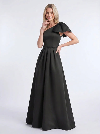 Satin Sleeveless One-Shoulder A-Line Maxi Dress for Party, Cocktail, Evening, Wedding Guest, Summer Formal Occasions, front v | SKU: AMD-483920174615802-BLACK-L,AMD-483920174615802-BLACK-M,AMD-483920174615802-BLACK-S,AMD-483920174615802-BLACK-XL,AMD-483920174615802-BLACK-XS