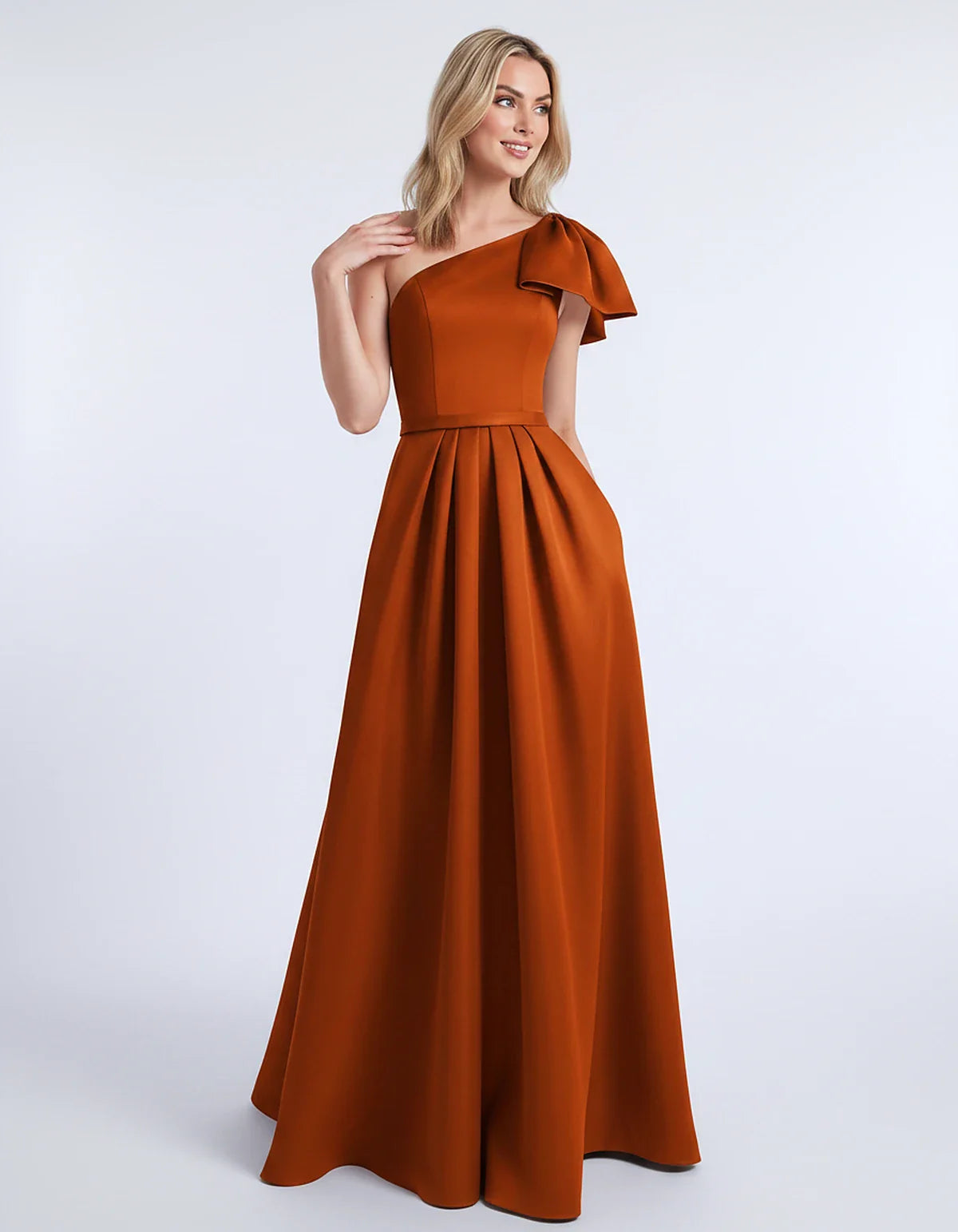 Satin Sleeveless One-Shoulder A-Line Maxi Dress for Party, Cocktail, Evening, Wedding Guest, Summer Formal Occasions, front v | SKU: AMD-483920174615802-BURNTORANGE-L,AMD-483920174615802-BURNTORANGE-M,AMD-483920174615802-BURNTORANGE-S,AMD-483920174615802-BURNTORANGE-XL,AMD-483920174615802-BURNTORANGE-XS