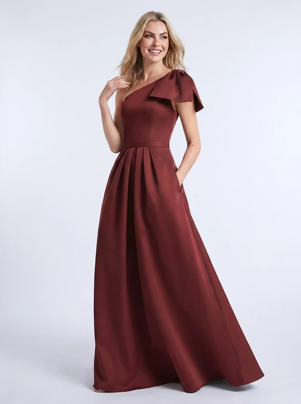 Satin Sleeveless One-Shoulder A-Line Maxi Dress for Party, Cocktail, Evening, Wedding Guest, Summer Formal Occasions, front v | SKU: AMD-483920174615802-BURGUNDY-L,AMD-483920174615802-BURGUNDY-M,AMD-483920174615802-BURGUNDY-S,AMD-483920174615802-BURGUNDY-XL,AMD-483920174615802-BURGUNDY-XS