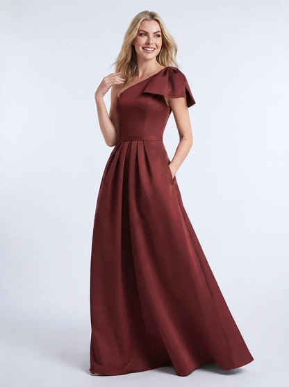 Satin Sleeveless One-Shoulder A-Line Maxi Dress for Party, Cocktail, Evening, Wedding Guest, Summer Formal Occasions, front v | SKU: AMD-483920174615802-BURGUNDY-L,AMD-483920174615802-BURGUNDY-M,AMD-483920174615802-BURGUNDY-S,AMD-483920174615802-BURGUNDY-XL,AMD-483920174615802-BURGUNDY-XS