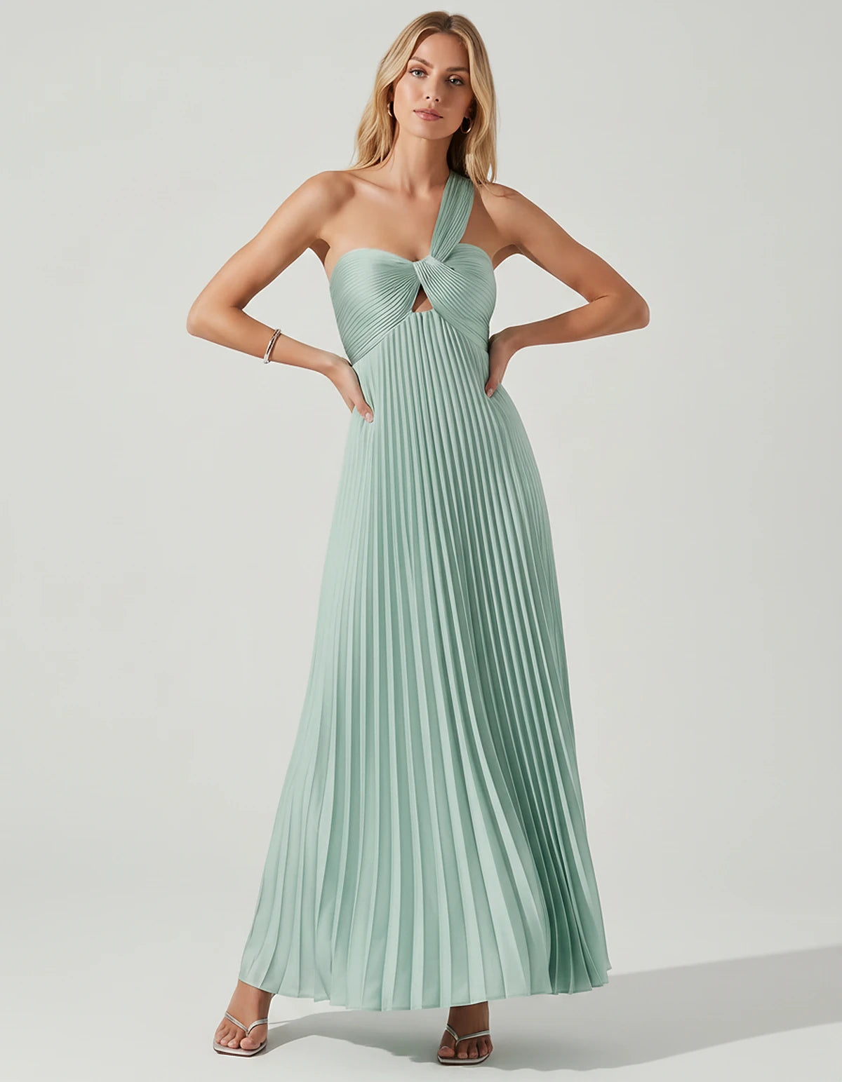 Satin Sleeveless One-Shoulder A-Line Maxi Dress with Pleated Skirt for Party, Cocktail, Evening, Wedding Guest & Summer Event