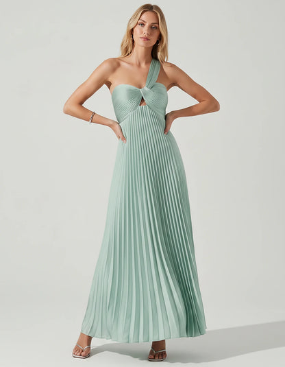 Satin Sleeveless One-Shoulder A-Line Maxi Dress with Pleated Skirt for Party, Cocktail, Evening, Wedding Guest & Summer Event