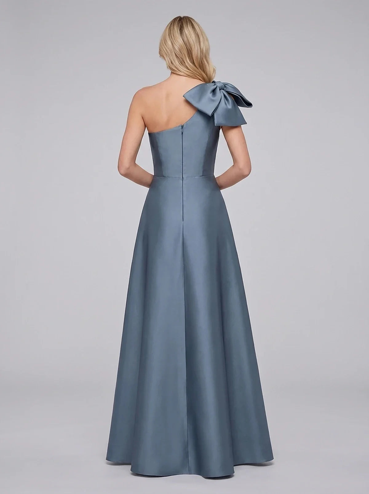 Satin Sleeveless One-Shoulder A-Line Maxi Dress with Bow for Party, Cocktail, Evening, Wedding Guest, Prom & Summer Events, b | SKU: SM-483927516048271-DUSTY-BLUE-L,SM-483927516048271-DUSTY-BLUE-M,SM-483927516048271-DUSTY-BLUE-S,SM-483927516048271-DUSTY-BLUE-XL,SM-483927516048271-DUSTY-BLUE-XS