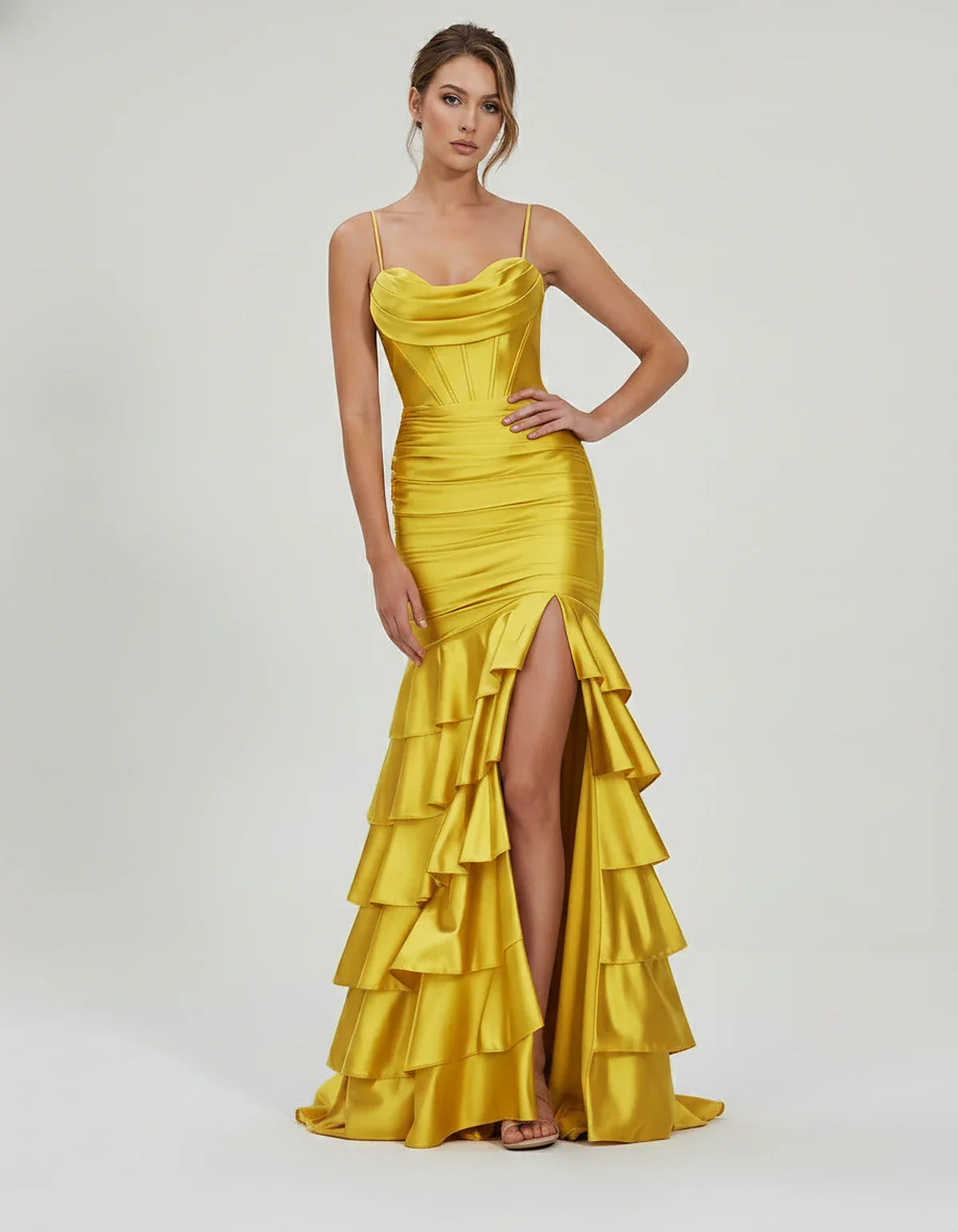 Satin Spaghetti Strap Cowl Neck Mermaid Maxi Dress with Slit for Party, Cocktail, Evening, Wedding Guest & Summer Events, fro | SKU: SMD-684295173508421-YELLOW-L,SMD-684295173508421-YELLOW-M,SMD-684295173508421-YELLOW-S,SMD-684295173508421-YELLOW-XL,SMD-684295173508421-YELLOW-XS