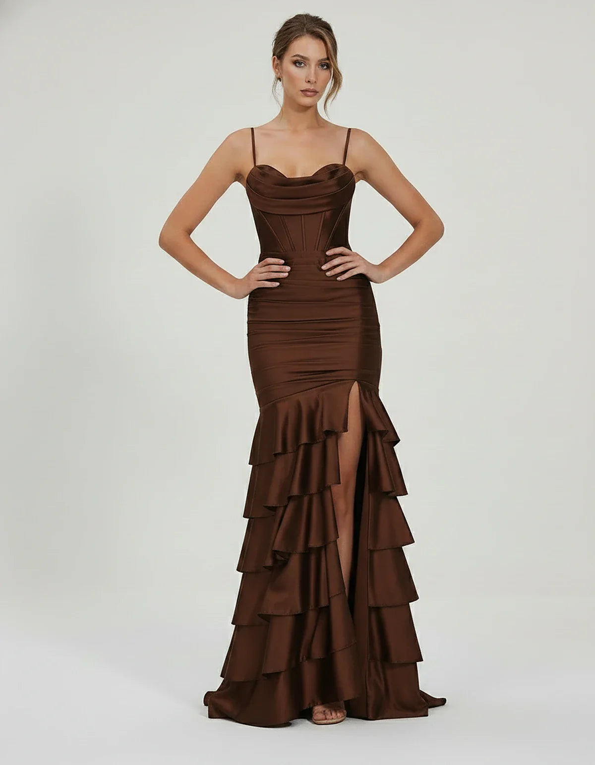 Satin Spaghetti Strap Cowl Neck Mermaid Maxi Dress with Slit for Party, Cocktail, Evening, Wedding Guest & Summer Events, fro | SKU: SMD-684295173508421-BROWN-L,SMD-684295173508421-BROWN-M,SMD-684295173508421-BROWN-S,SMD-684295173508421-BROWN-XL,SMD-684295173508421-BROWN-XS