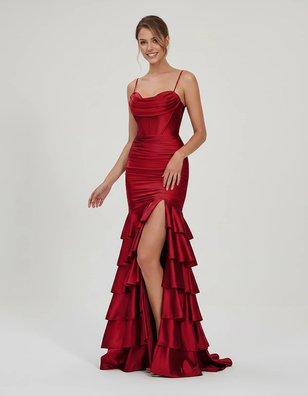 Satin Spaghetti Strap Cowl Neck Mermaid Maxi Dress with Slit for Party, Cocktail, Evening, Wedding Guest & Summer Events, fro | SKU: SMD-684295173508421-WINE-L,SMD-684295173508421-WINE-M,SMD-684295173508421-WINE-S,SMD-684295173508421-WINE-XL,SMD-684295173508421-WINE-XS