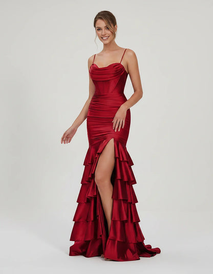 Satin Spaghetti Strap Cowl Neck Mermaid Maxi Dress with Slit for Party, Cocktail, Evening, Wedding Guest & Summer Events, fro | SKU: SMD-684295173508421-WINE-L,SMD-684295173508421-WINE-M,SMD-684295173508421-WINE-S,SMD-684295173508421-WINE-XL,SMD-684295173508421-WINE-XS