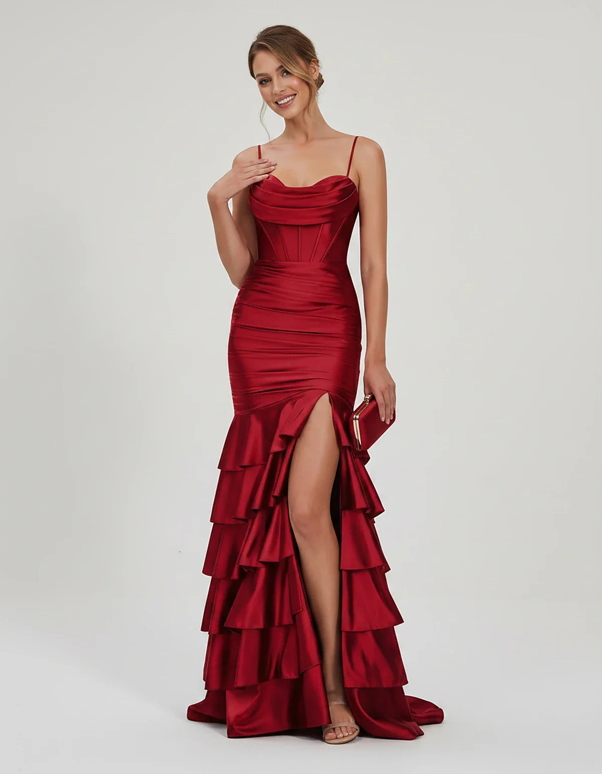 Satin Spaghetti Strap Cowl Neck Mermaid Maxi Dress with Slit for Party, Cocktail, Evening, Wedding Guest & Summer Events, fro | SKU: SMD-684295173508421-WINE-L,SMD-684295173508421-WINE-M,SMD-684295173508421-WINE-S,SMD-684295173508421-WINE-XL,SMD-684295173508421-WINE-XS