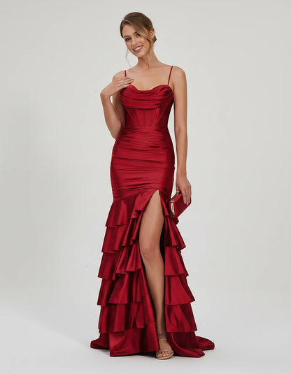 Satin Spaghetti Strap Cowl Neck Mermaid Maxi Dress with Slit for Party, Cocktail, Evening, Wedding Guest & Summer Events, fro | SKU: SMD-684295173508421-WINE-L,SMD-684295173508421-WINE-M,SMD-684295173508421-WINE-S,SMD-684295173508421-WINE-XL,SMD-684295173508421-WINE-XS