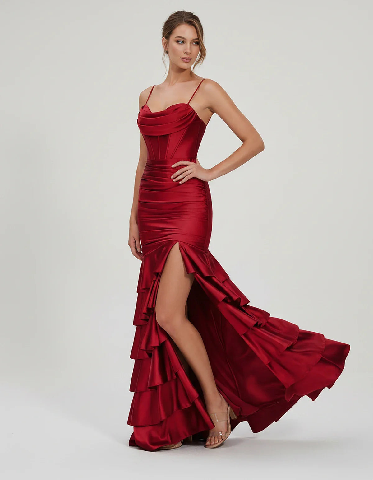 Satin Spaghetti Strap Cowl Neck Mermaid Maxi Dress with Slit for Party, Cocktail, Evening, Wedding Guest & Summer Events, sid | SKU: SMD-684295173508421-WINE-L,SMD-684295173508421-WINE-M,SMD-684295173508421-WINE-S,SMD-684295173508421-WINE-XL,SMD-684295173508421-WINE-XS