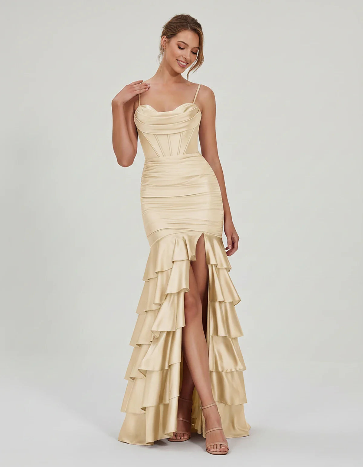 Satin Spaghetti Strap Cowl Neck Mermaid Maxi Dress with Slit for Party, Cocktail, Evening, Wedding Guest & Summer Events, fro | SKU: SMD-684295173508421-BEIGE-L,SMD-684295173508421-BEIGE-M,SMD-684295173508421-BEIGE-S,SMD-684295173508421-BEIGE-XL,SMD-684295173508421-BEIGE-XS