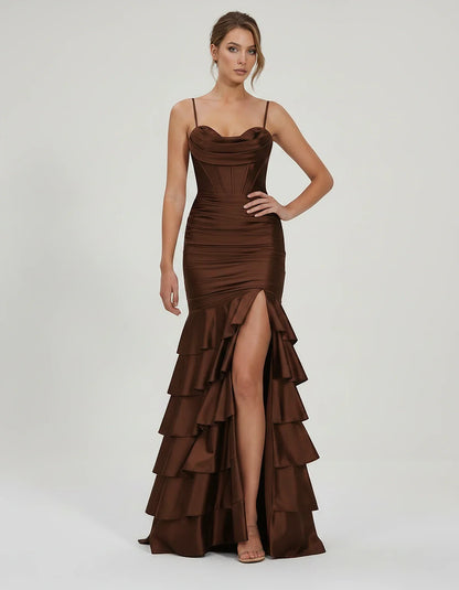 Satin Spaghetti Strap Cowl Neck Mermaid Maxi Dress with Slit for Party, Cocktail, Evening, Wedding Guest & Summer Events in B