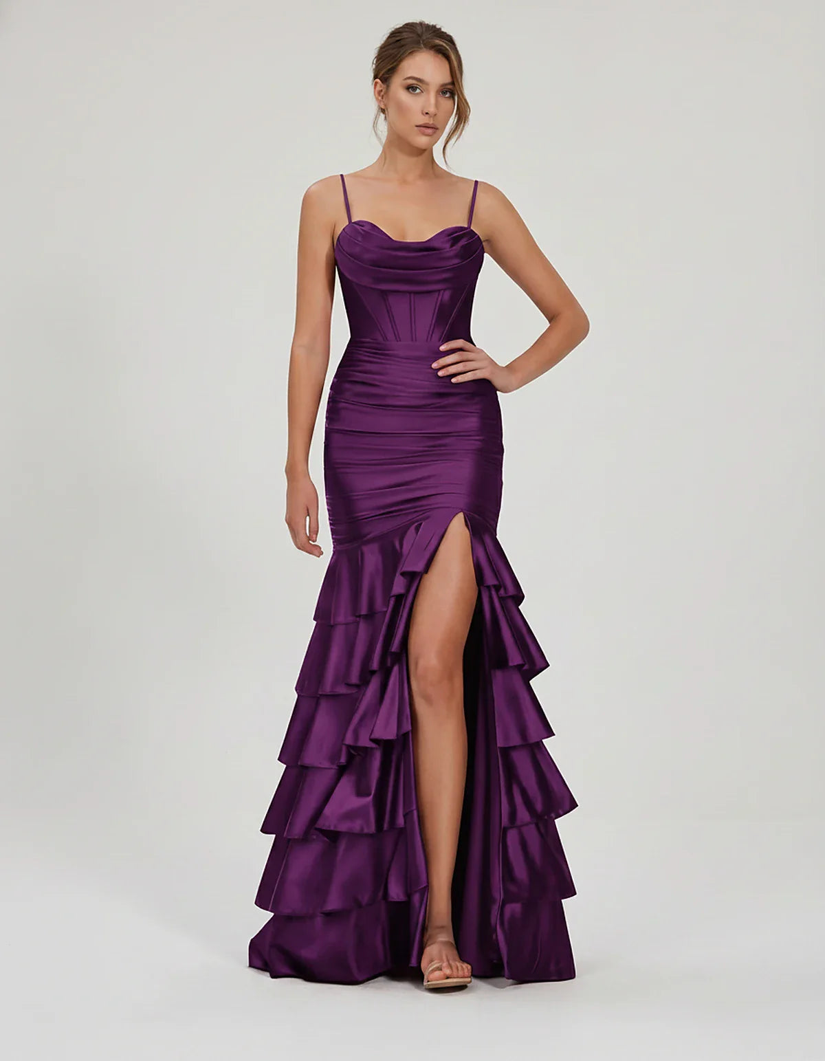 Satin Spaghetti Strap Cowl Neck Mermaid Maxi Dress with Slit for Party, Cocktail, Evening, Wedding Guest & Summer Events in P