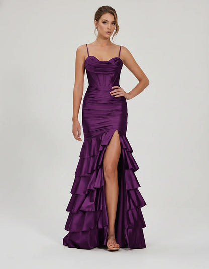 Satin Spaghetti Strap Cowl Neck Mermaid Maxi Dress with Slit for Party, Cocktail, Evening, Wedding Guest & Summer Events in P