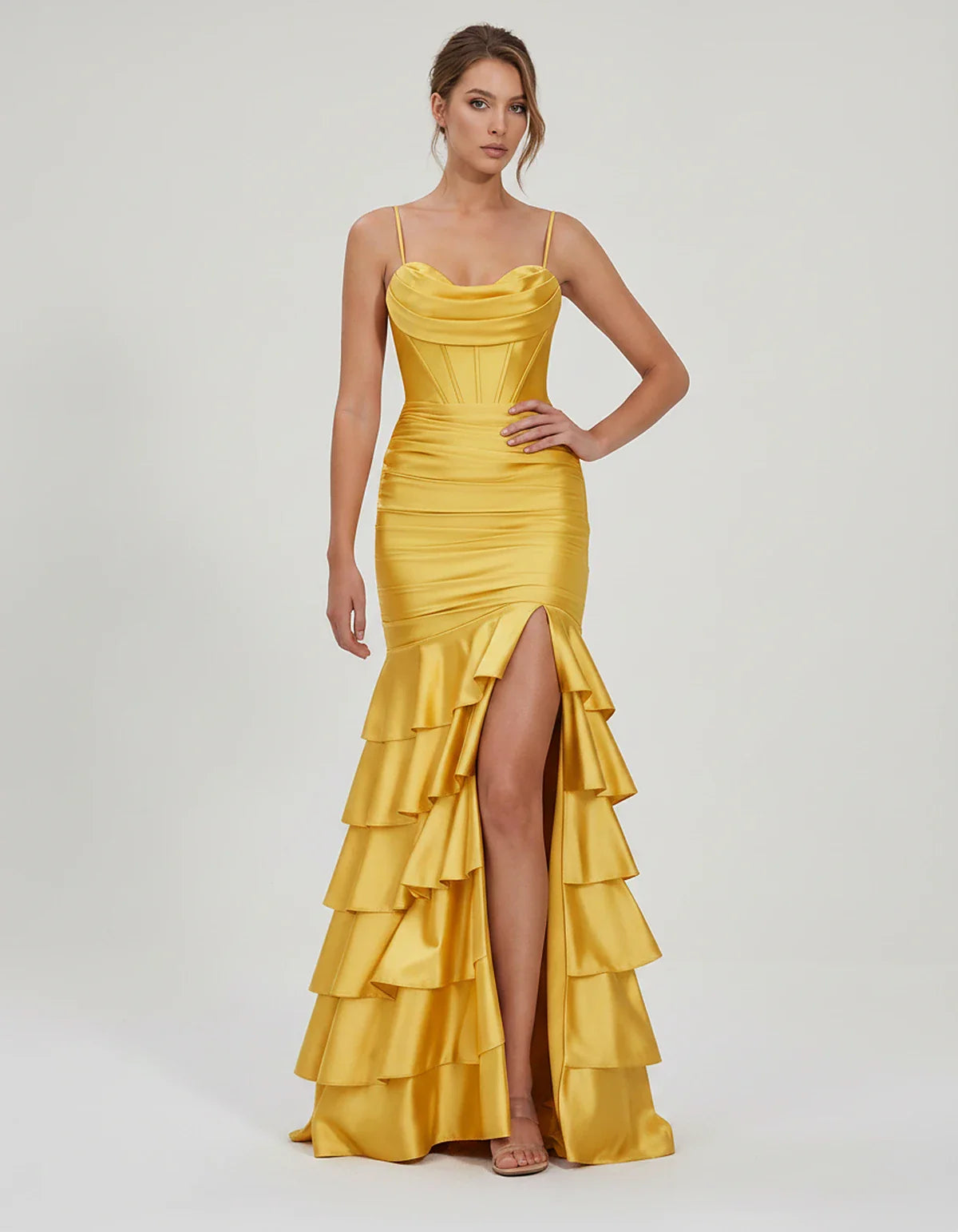 Satin Spaghetti Strap Cowl Neck Mermaid Maxi Dress with Slit for Party, Cocktail, Evening, Wedding Guest & Summer Events in Y
