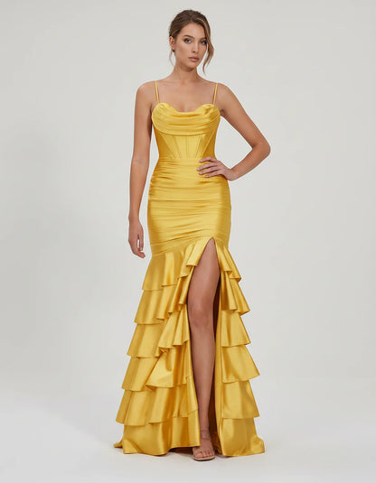 Satin Spaghetti Strap Cowl Neck Mermaid Maxi Dress with Slit for Party, Cocktail, Evening, Wedding Guest & Summer Events in Y