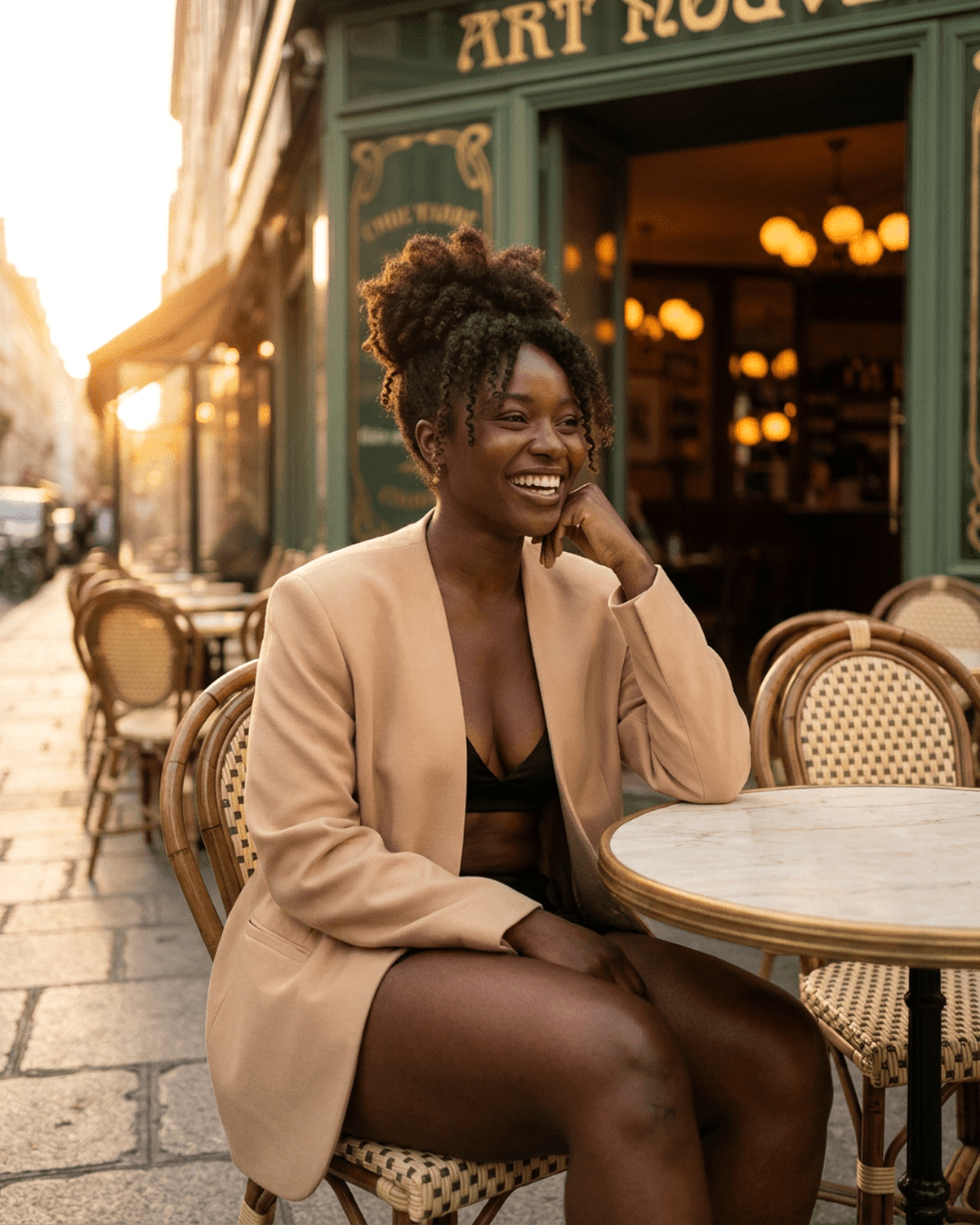 Savona Blazer by RAMBLION worn by a woman sitting at a café, showcasing a modern tailored silhouette in beige.