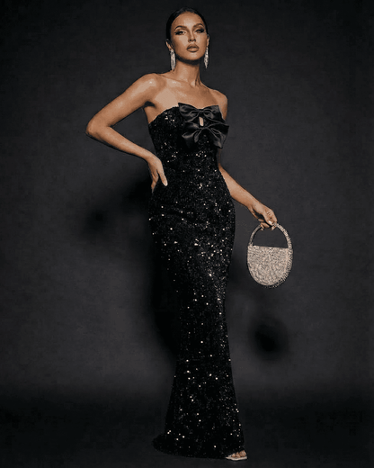 Black Velvet Bodycon Strapless Maxi Dress | Formal Events, front view | Ramblion