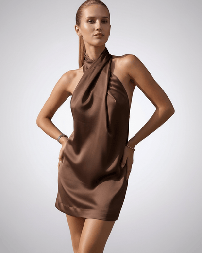 Saya Mini Dress by RAMBLION, luxurious red satin halter mini dress, perfect for sunny occasions, smooth and elegant fit.