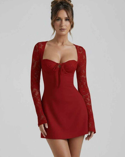 Eloa Mini Dress by RAMBLION, vibrant red satin, structured lace bust, perfect for elegant occasions.