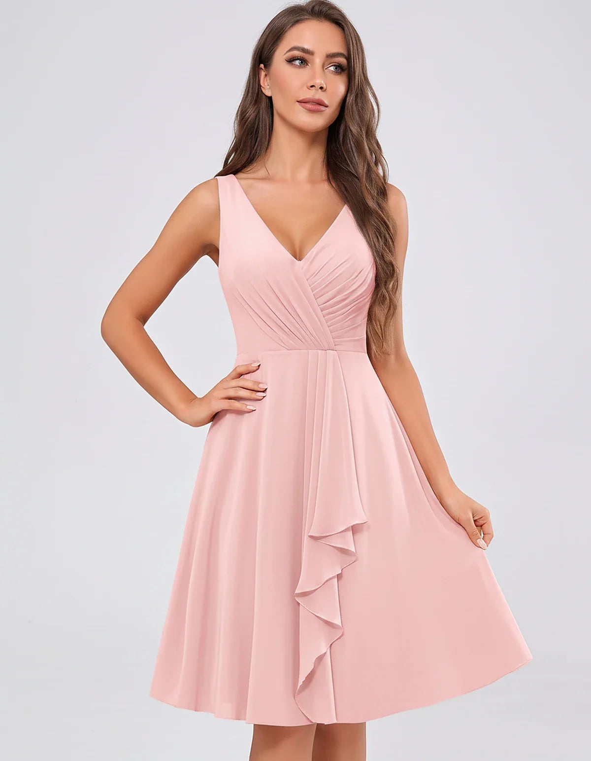 Chiffon Sleeveless V-Neck Pleated Ruffle A-Line Mini Dress for Party Cocktail Evening Summer Wedding Guest Bridesmaid Style, | SKU: MD-482917563204857-BLUSH-L,MD-482917563204857-BLUSH-M,MD-482917563204857-BLUSH-S,MD-482917563204857-BLUSH-XL,MD-482917563204857-BLUSH-XS
